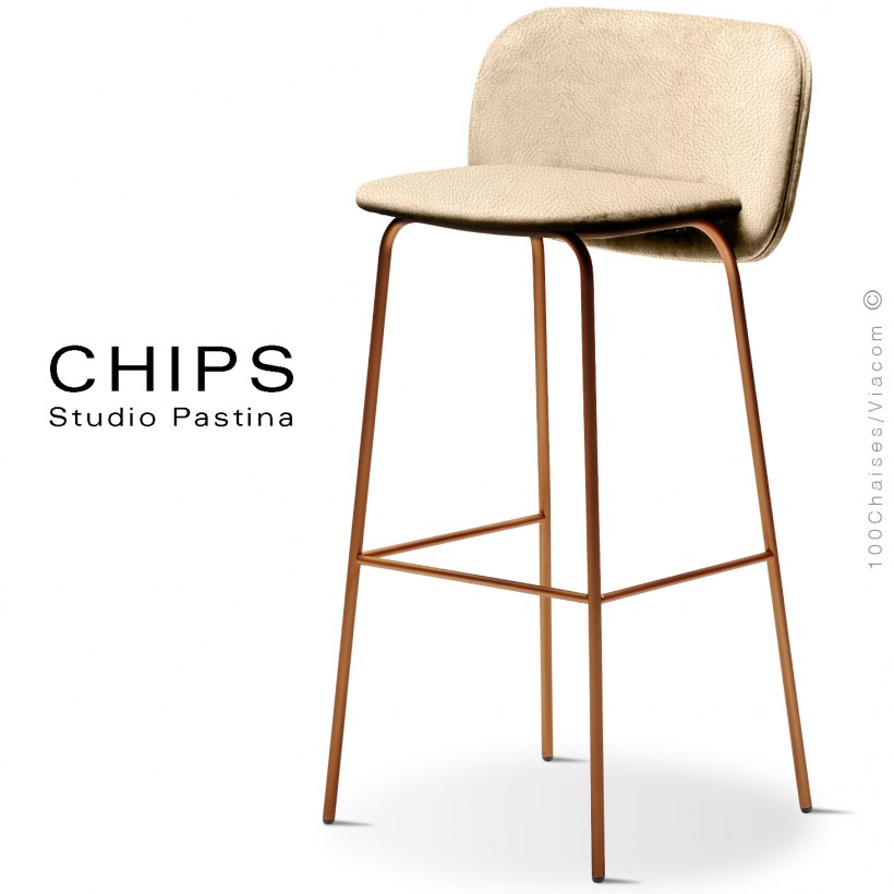 Tabouret de bar confort design CHIPS-80, piétement acier peint terracotta, assise et dossier cuir crème 1003.