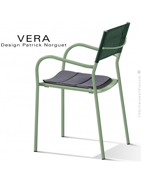 Fauteuil repas d'extérieur VERA, structure acier galvanisé peint vert pistache, dossier vert sapin ocre, coussin anthracite.