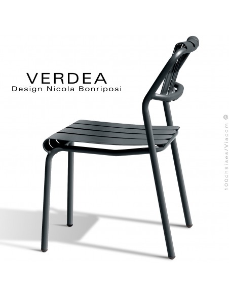 Chaise confort d'extérieur repas VERDEA, structure aluminium peint anthracite, sans coussin.