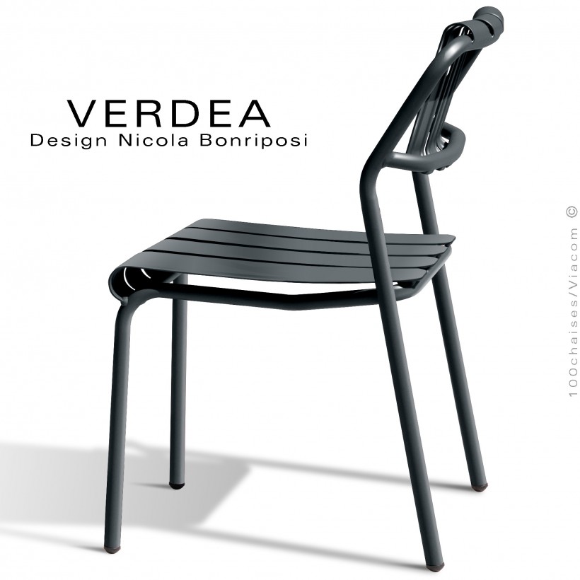 Chaise confort d'extérieur repas VERDEA, structure aluminium peint anthracite, sans coussin.