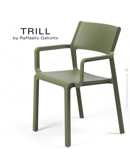 Fauteuil design TRILL, sturcture et assise plastique couleur vert armé.