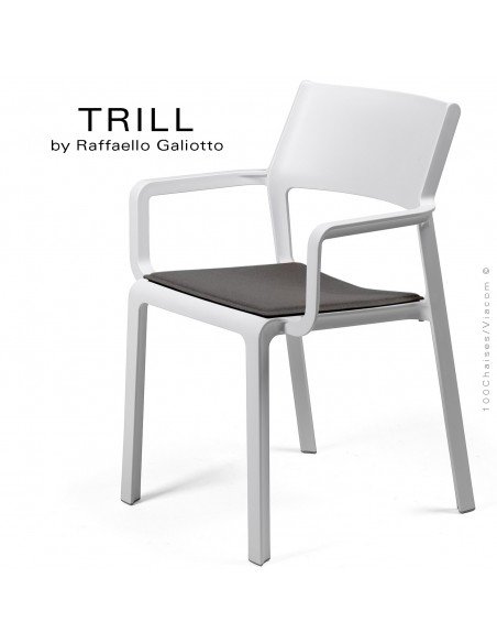 Fauteuil design TRILL, structure monobloc, 4 pieds avec accoudoirs, couleur blanc, assise avec coussin graphite.