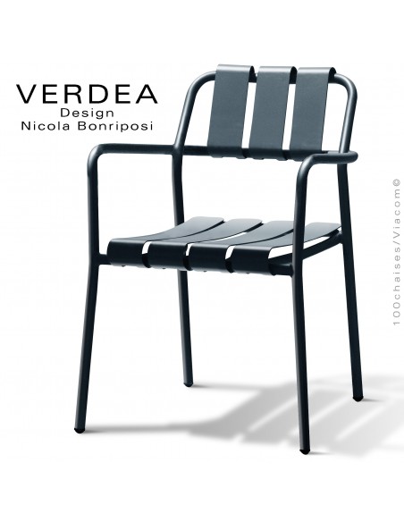 Fauteuil confort d'extérieur repas VERDEA, structure aluminium peint anthracite.