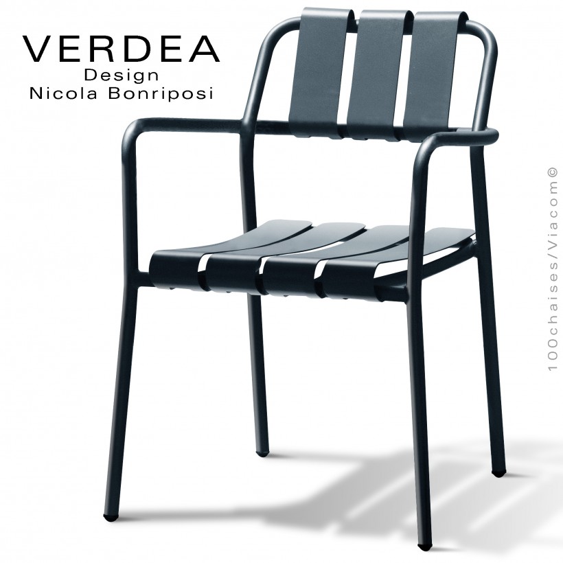 Fauteuil confort d'extérieur repas VERDEA, structure aluminium peint anthracite.