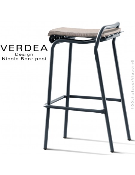 Tabouret de bar d'extérieur VERDEA, structure aluminium peint anthracite, assise coussin couleur crème.