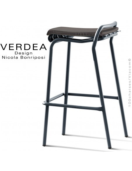 Tabouret de bar d'extérieur VERDEA, structure aluminium peint anthracite, assise coussin couleur gris foncé.