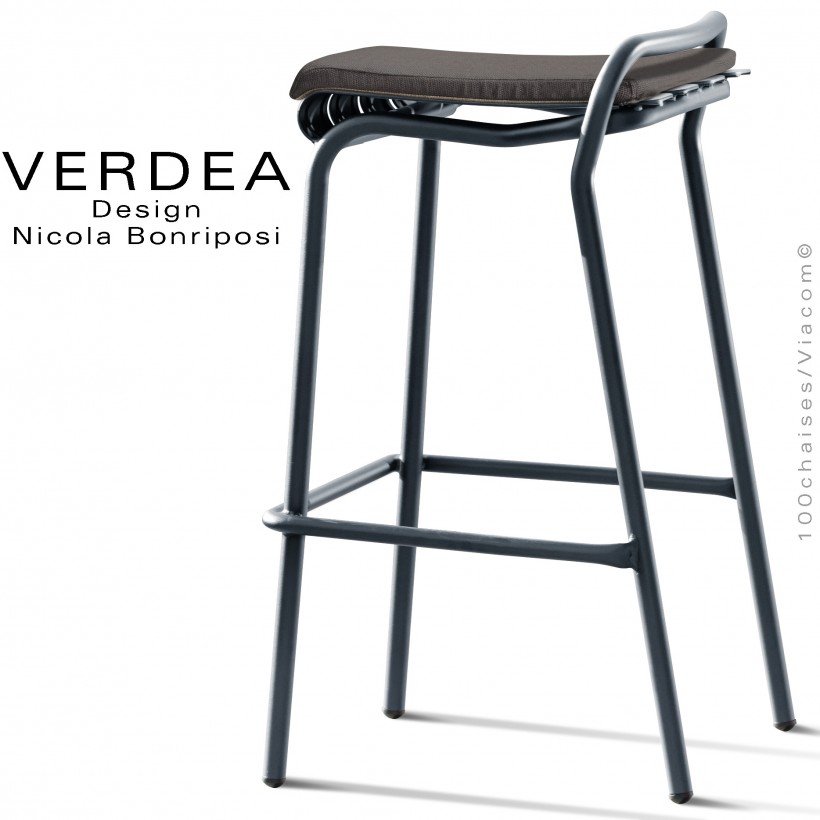 Tabouret de bar d'extérieur VERDEA, structure aluminium peint anthracite, assise coussin couleur gris foncé.