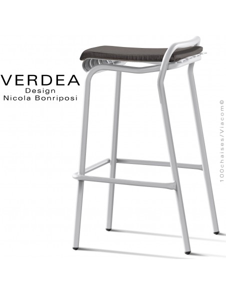 Tabouret de bar d'extérieur VERDEA, structure aluminium peint blanc, assise coussin couleur gris foncé.