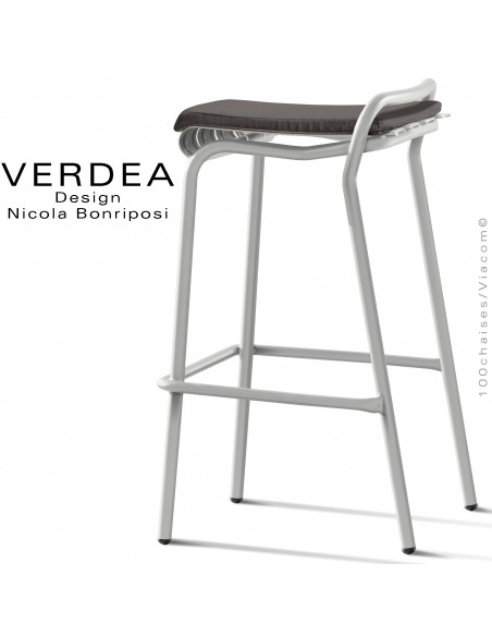 Tabouret de bar d'extérieur VERDEA, structure aluminium peint blanc perle, assise coussin couleur gris foncé.