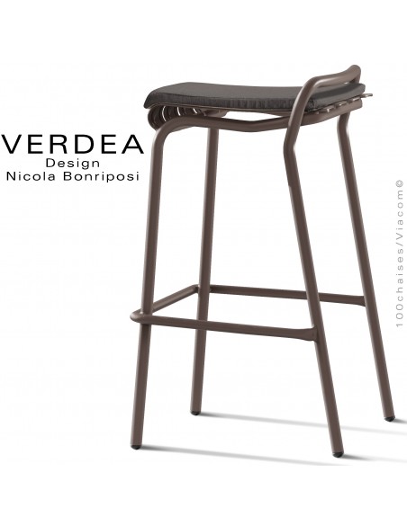 Tabouret de bar d'extérieur VERDEA, structure aluminium peint bronze, assise coussin couleur gris foncé.