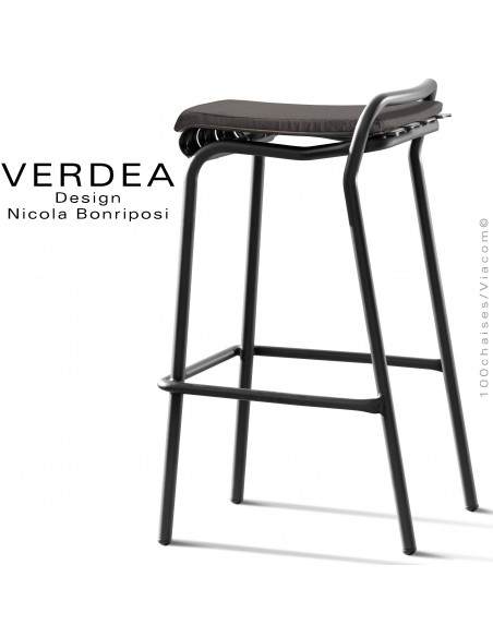 Tabouret de bar d'extérieur VERDEA, structure aluminium peint noir, assise coussin couleur gris foncé.