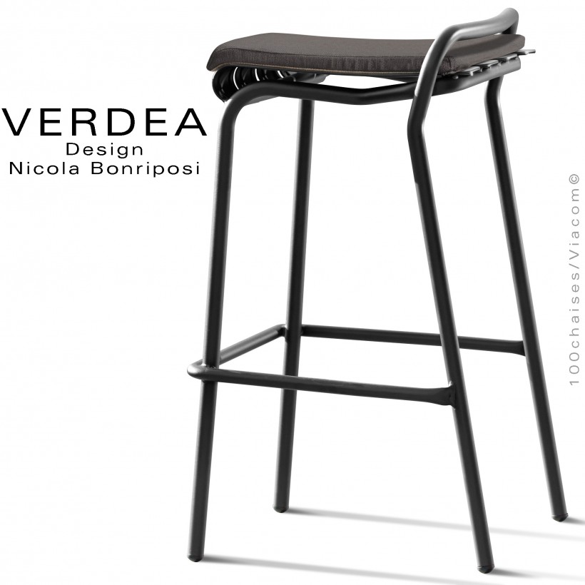 Tabouret de bar d'extérieur VERDEA, structure aluminium peint noir, assise coussin couleur gris foncé.