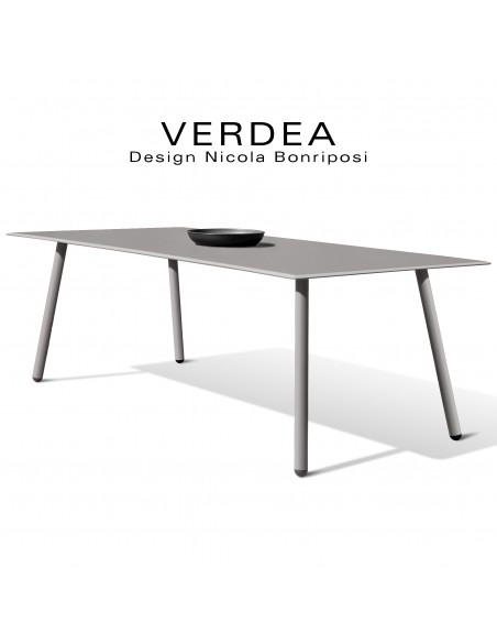 Table rectangulaire d'extérieur VERDEA, plateau 220x100 cm., structure aluminium peint gris Tourterelle.