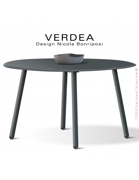 Table ronde d'extérieur VERDEA, plateau et structure aluminium peint anthracite, chants plateaux inclinés ou biseautés.