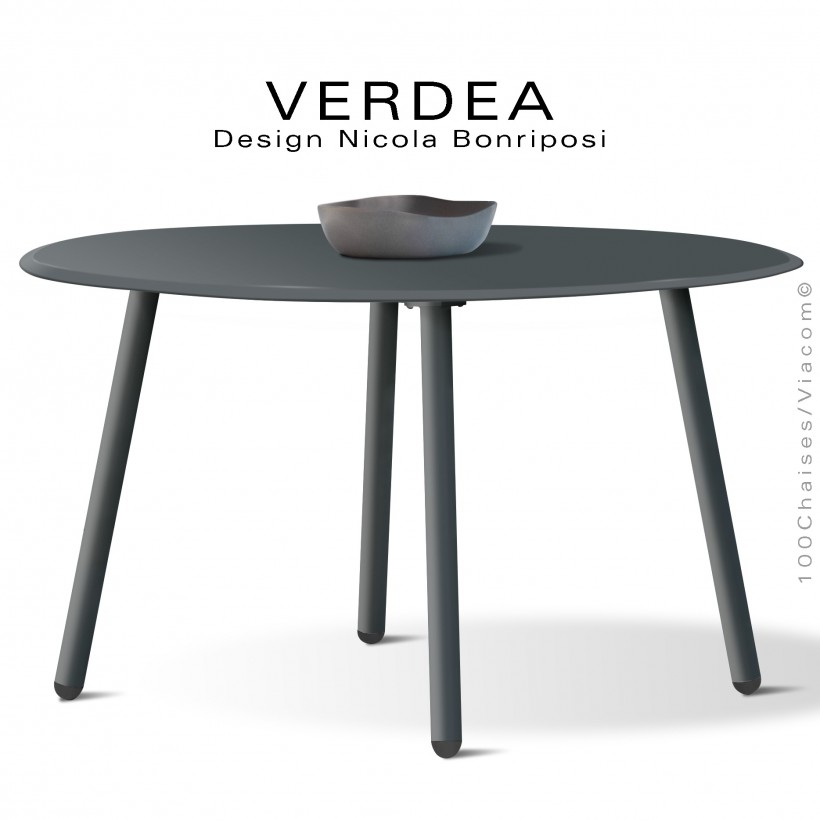 Table ronde d'extérieur VERDEA, plateau et structure aluminium peint anthracite, chants plateaux inclinés ou biseautés.