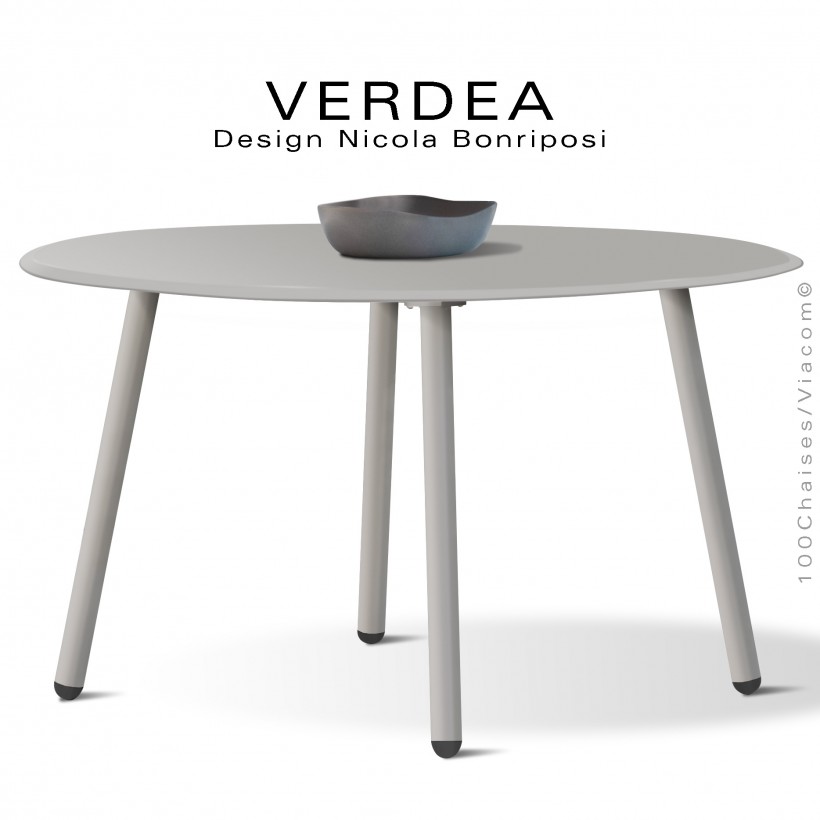 Table ronde d'extérieur VERDEA, plateau et structure aluminium peint gris Tourterelle, chants plateaux inclinés ou biseautés.