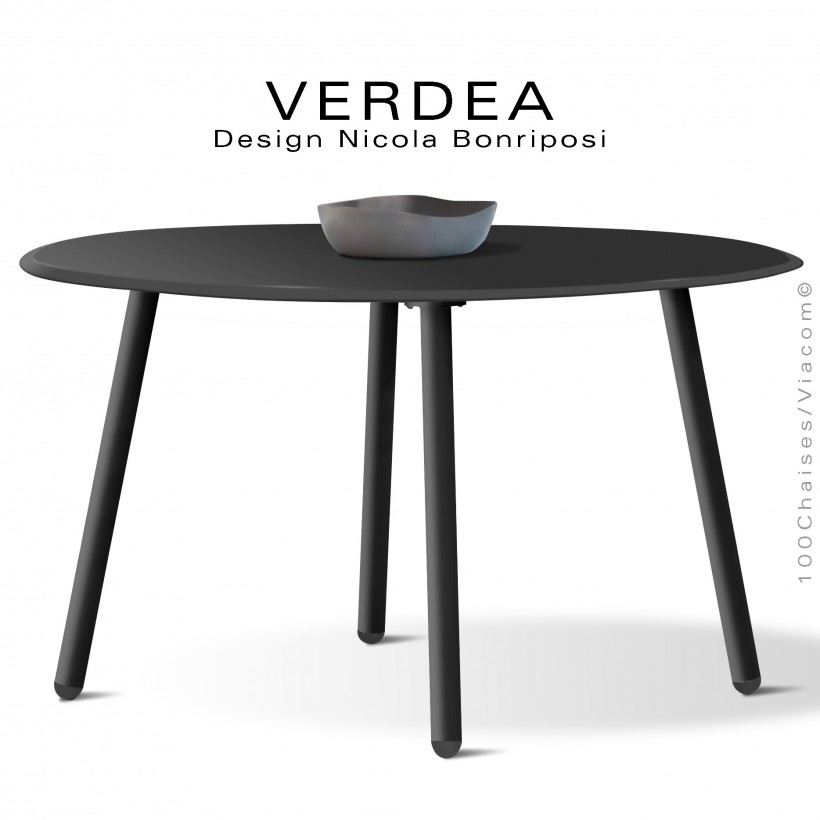 Table ronde d'extérieur VERDEA, plateau et structure aluminium peint noir, chants plateaux inclinés ou biseautés.