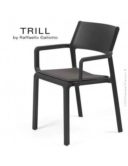 Fauteuil design TRILL, structure 4 pieds avec accoudoirs, assise plastique couleur anthracite avec coussin d'assise Graphite.