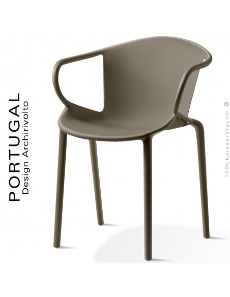 Fauteuil plastique design PORTUGAL, structure polypropylène couleur marron, avec accoudoirs, empilable.