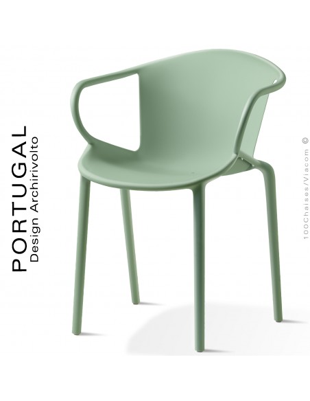 Fauteuil plastique design PORTUGAL, structure polypropylène couleur vert pistache, avec accoudoirs, empilable.