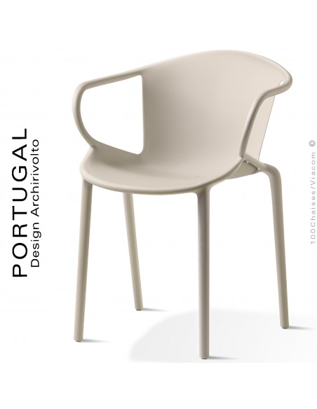 Fauteuil plastique design PORTUGAL, structure polypropylène couleur crème, avec accoudoirs, empilable.