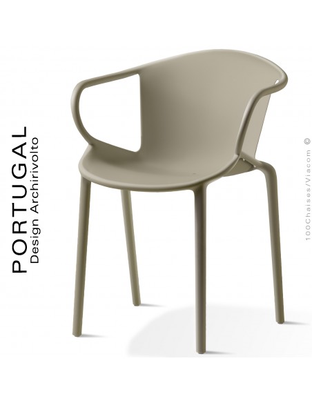 Fauteuil plastique design PORTUGAL, structure polypropylène couleur taupe, avec accoudoirs, empilable.