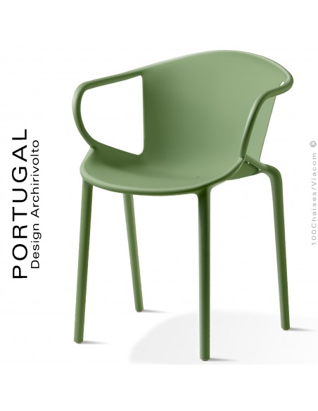 Fauteuil plastique design PORTUGAL, structure polypropylène couleur vert sapin, avec accoudoirs, empilable.