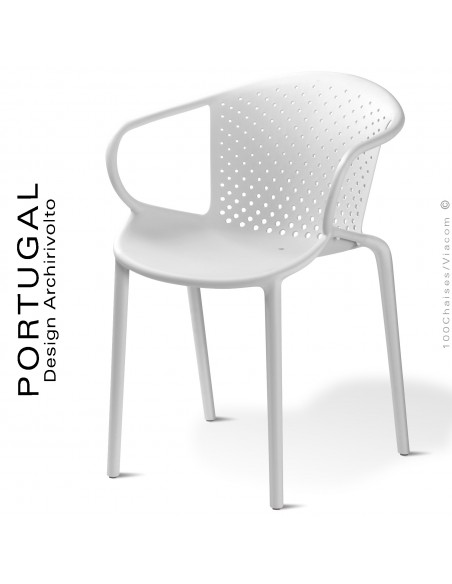 Fauteuil design plastique dossier micro perforé PORTUGAL, structure couleur blanc, avec accoudoirs, empilable.