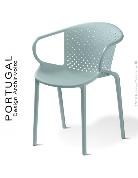 Fauteuil design plastique dossier micro perforé PORTUGAL, structure couleur bleu azur, avec accoudoirs, empilable.