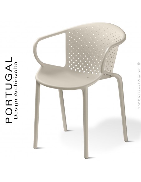 Fauteuil design plastique dossier micro perforé PORTUGAL, structure couleur crème, avec accoudoirs, empilable.