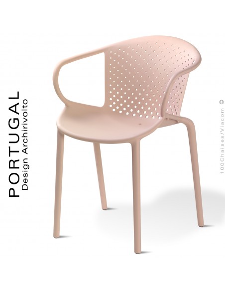 Fauteuil design plastique dossier micro perforé PORTUGAL, structure couleur rose, avec accoudoirs, empilable.