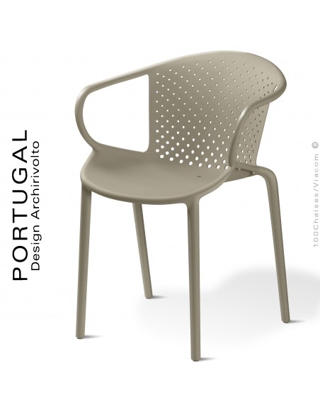 Fauteuil design plastique dossier micro perforé PORTUGAL, structure couleur taupe, avec accoudoirs, empilable.