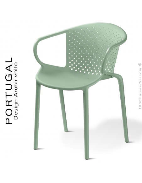 Fauteuil design plastique dossier micro perforé PORTUGAL, structure couleur vert pistache, avec accoudoirs, empilable.