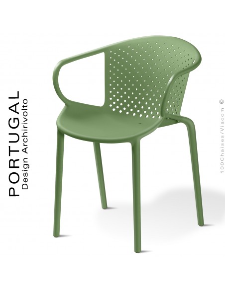 Fauteuil design plastique dossier micro perforé PORTUGAL, structure couleur vert sapin, avec accoudoirs, empilable.