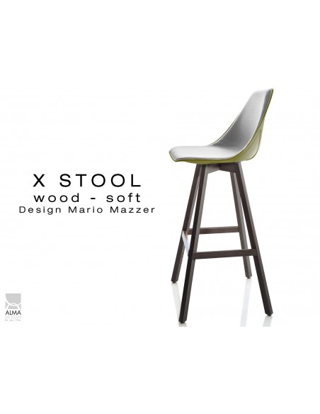 X-STOOL Wood Soft 75 - piétement bois gris fer assise coque vert militaire capitonnée TE30 - lot de 2 tabourets