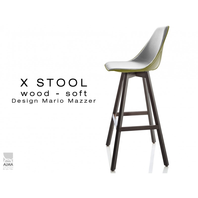 X-STOOL Wood Soft 75 - piétement bois gris fer assise coque vert militaire capitonnée TE30 - lot de 2 tabourets