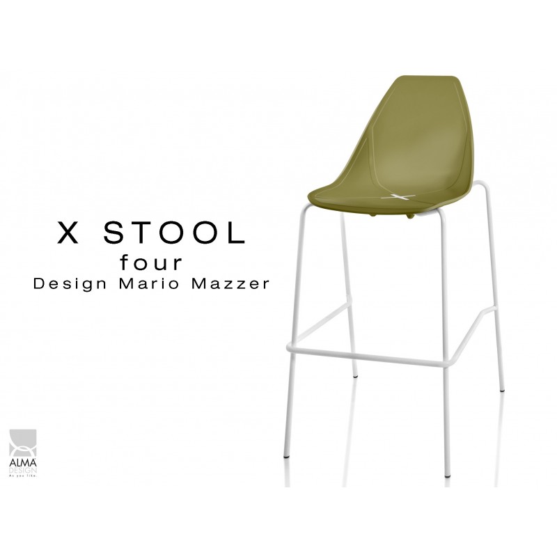 X-STOOL Four 75 - piétement blanc assise coque vert militaire - lot de 2 tabourets