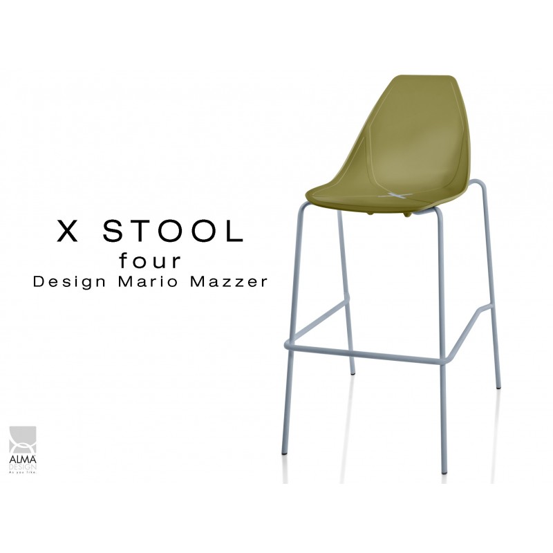 X-STOOL Four 75 - piétement gris aluminium assise coque vert militaire - lot de 2 tabourets