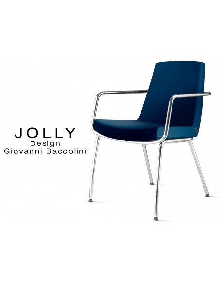 Fauteuil JOLLY-4 piétement acier chromé et habillage éco-cuir 664 bleu nuit.