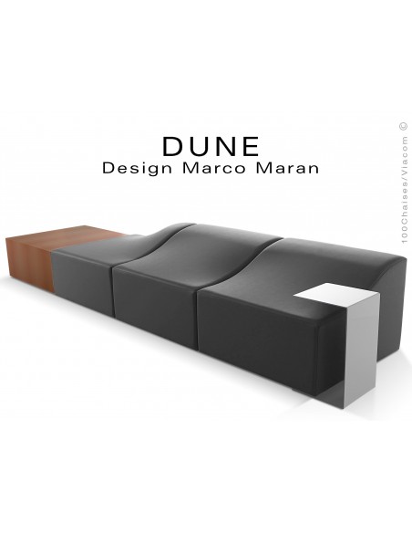 Banquette modulable DUNE assise cuir synthétique couleur noir 365, structure bois cerisier