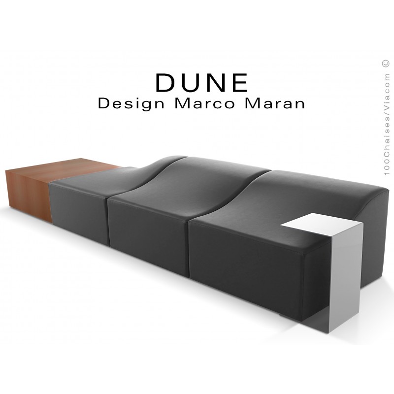 Banquette modulable DUNE assise cuir synthétique couleur noir 365, structure bois cerisier