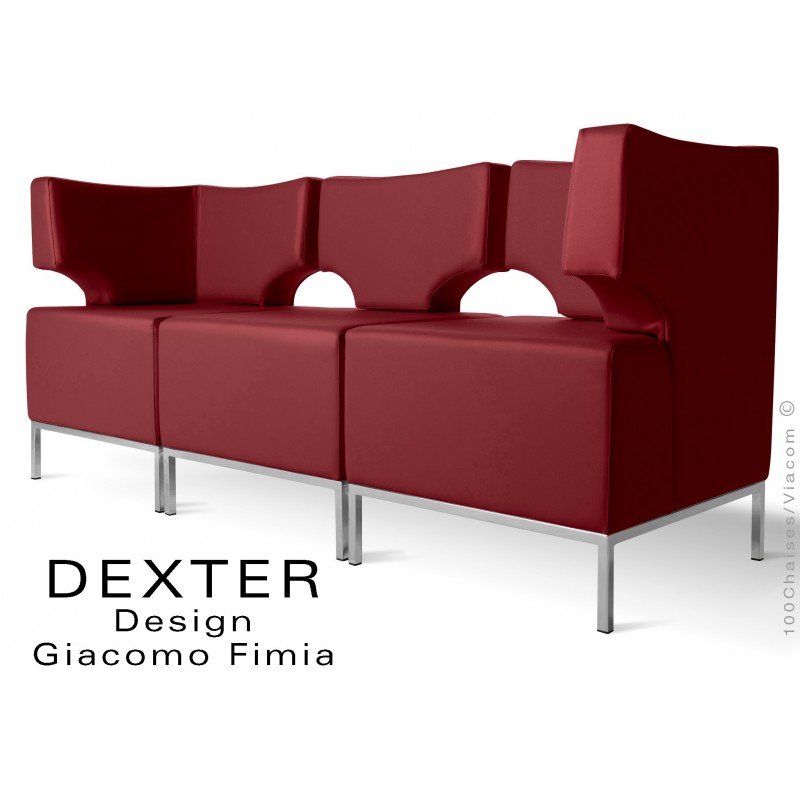 Banquette modulable DEXTER ensemble 3 modules, assise garnie habillage cuir synthétique, couleur bourgogne