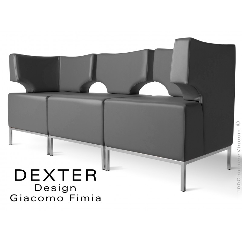 Banquette modulable DEXTER ensemble 3 modules, assise garnie habillage cuir synthétique, couleur gris foncé