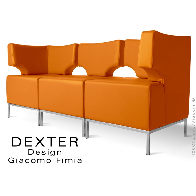 Banquette modulable DEXTER ensemble 3 modules, assise garnie habillage cuir synthétique, couleur orange