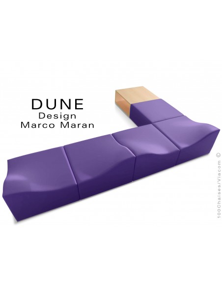 Banquette modulable DUNE-6 assise cuir synthétique violet, caisson bois finition hêtre naturel