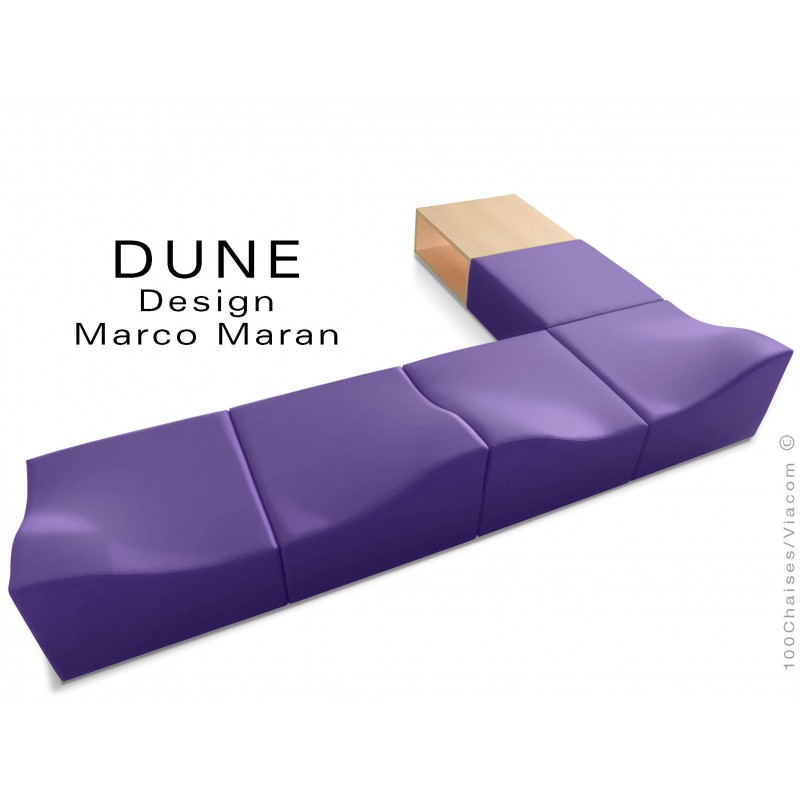 Banquette modulable DUNE-6 assise cuir synthétique violet, caisson bois finition hêtre naturel