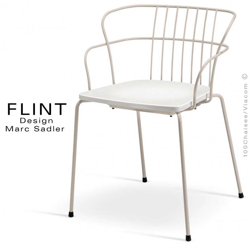 Fauteuil dossier en fil design pour terrasse et hôtellerie FLINT structure acier peint ivoire, assise plastique blanc