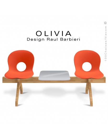 Banc design OLIVIA, piétement bois, assise 2 places coque plastique couleur orange avec tablette grise.