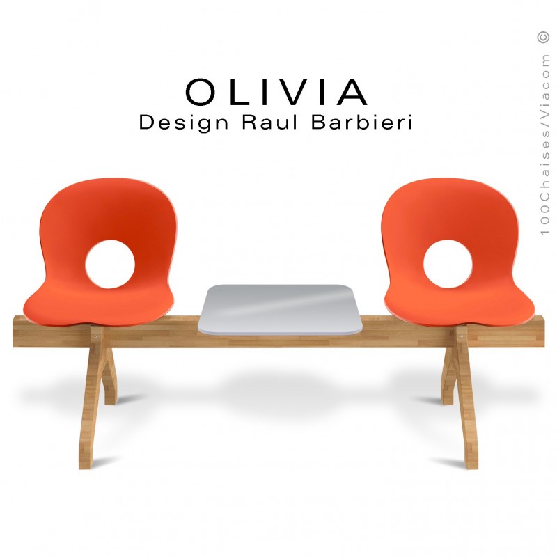 Banc design OLIVIA, piétement bois, assise 2 places coque plastique couleur orange avec tablette grise.