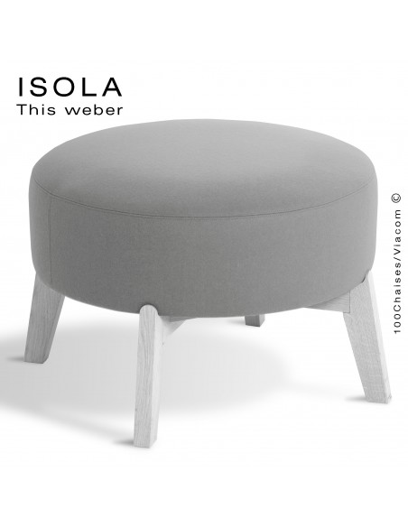 Pouf ISOLA-65, piétement bois peint blanc, assise garnie habillage tissu gris